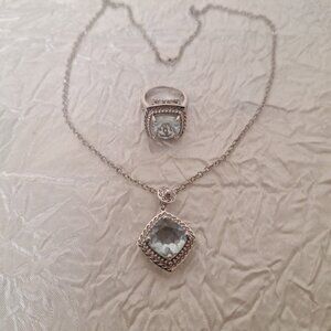 Sai Krishna Sterling Silver Light Blue Stone Necklace 18" & Sz 7 Ring Set